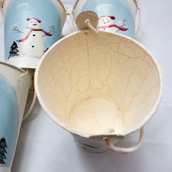 Set Of 4 Snowman Pails ● Christmas Winter Decor ● Painted ● Textured & Crackled - Picture 4 of 6